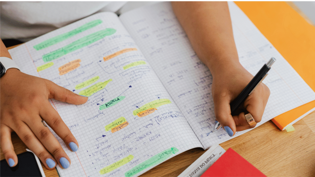 A student memorizing previous study notes before proceeding