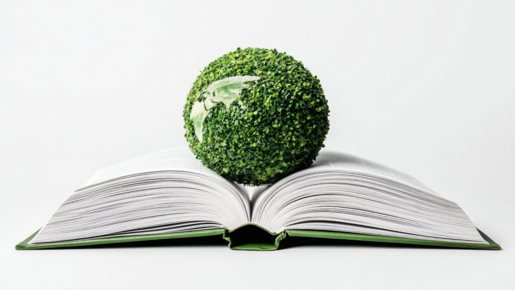 Green globe made of leaves resting on an open book