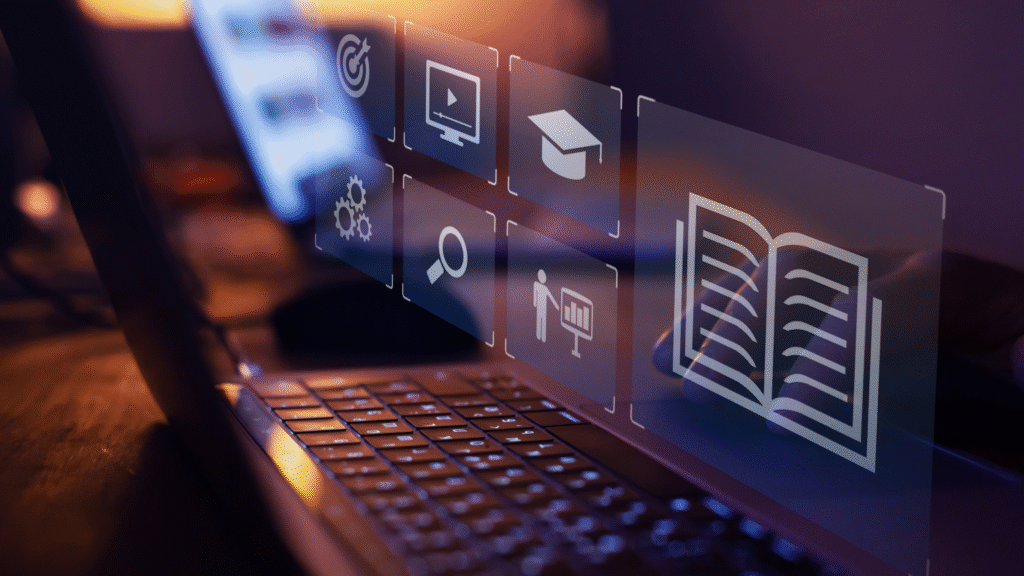 Laptop with digital learning icons overlay