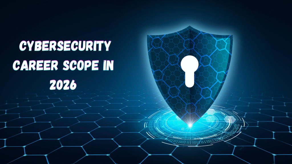 Cybersecurity career scope 2026 banner with shield and lock symbol