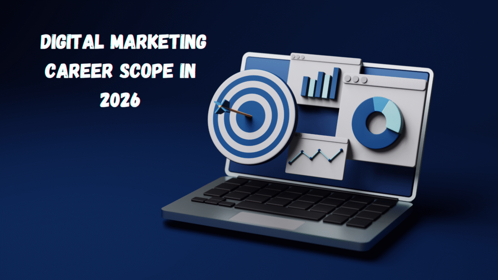 Digital marketing career guide banner showing a laptop with performance charts and a target.