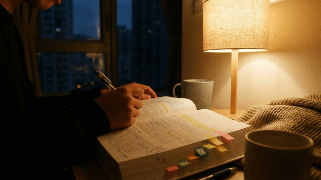 Student reading and taking notes at night under a desk lamp, highlighting focused late-night study.