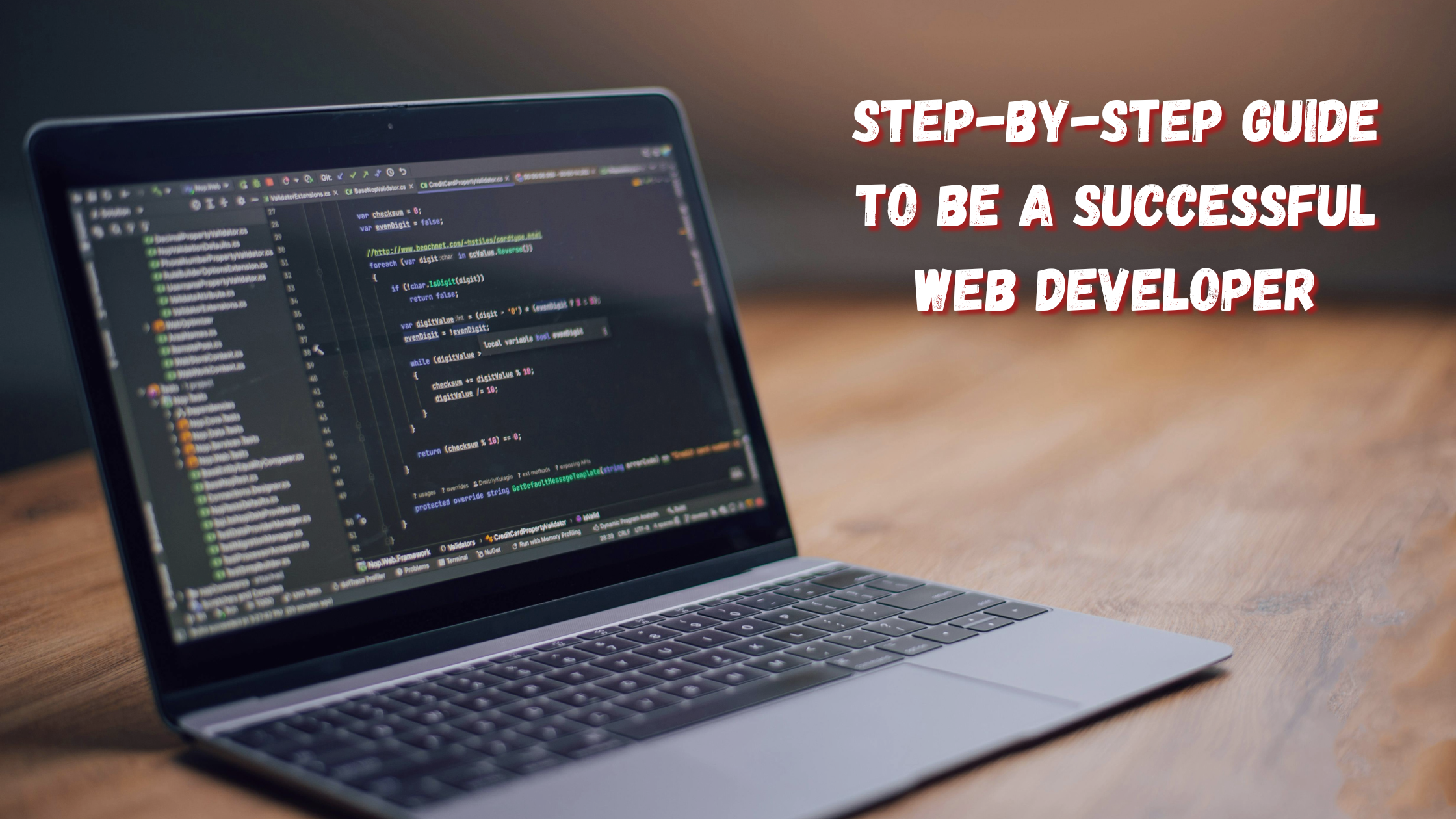 web development guide banner showing coding on a laptop.