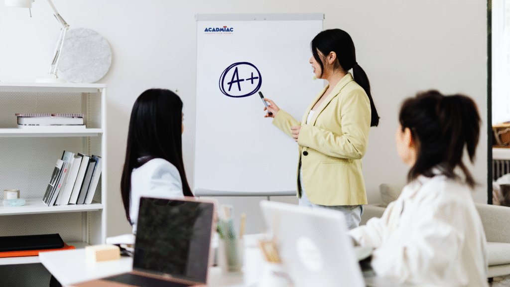 A teacher motivating her students to excel and score best. 