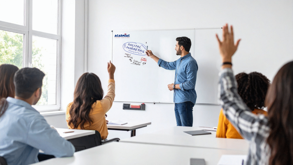 Small classroom setting with a teacher interacting directly with students during a lesson.