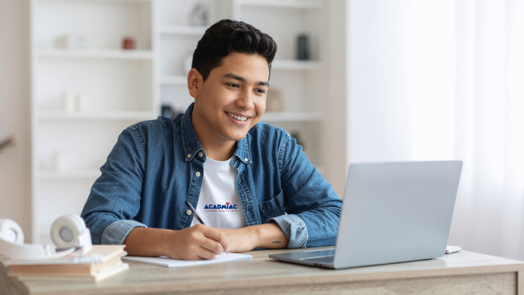 Student engaged in online learning with a laptop and notebook at a study desk