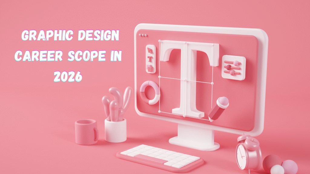 Graphic design career scope 2026 banner with design interface illustration.