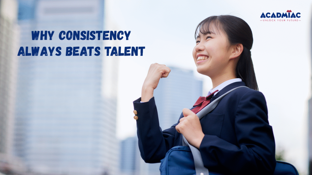Banner image displaying a confident student with blog title text why consistency always beats talent