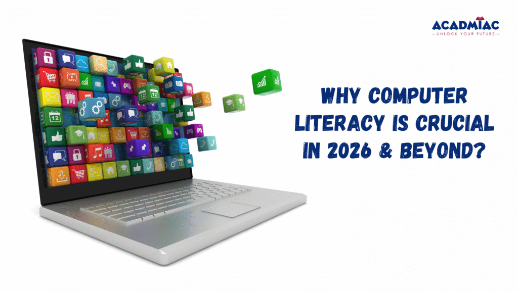 Computer literacy article banner showing a laptop and digital application icons.