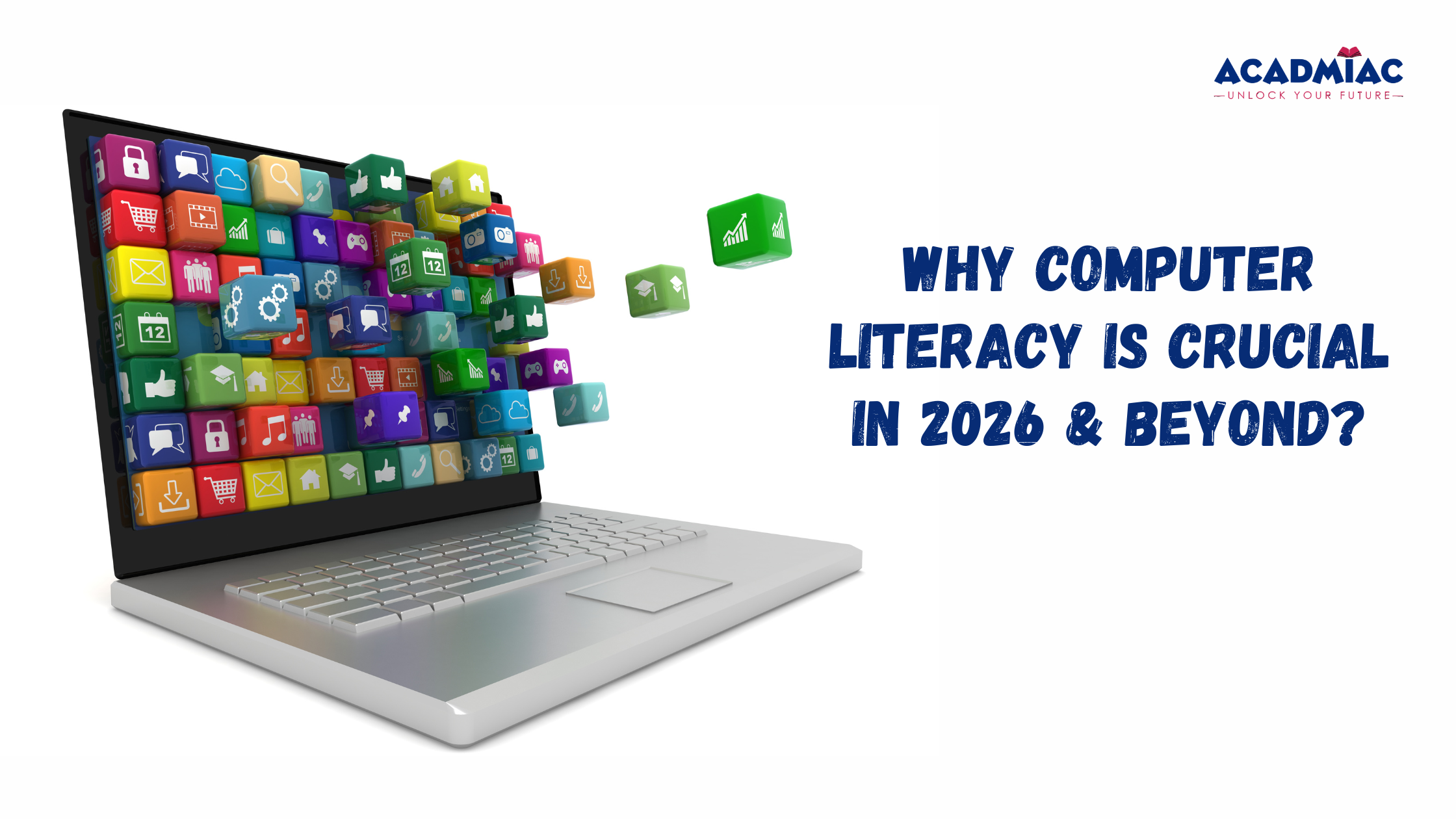 Computer literacy article banner showing a laptop and digital application icons.