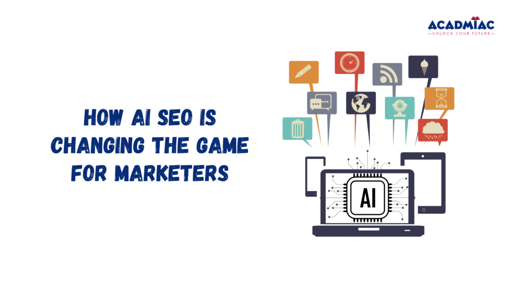 A graphic representing how AI SEO is transforming digital marketing through smart technology and connected platforms.