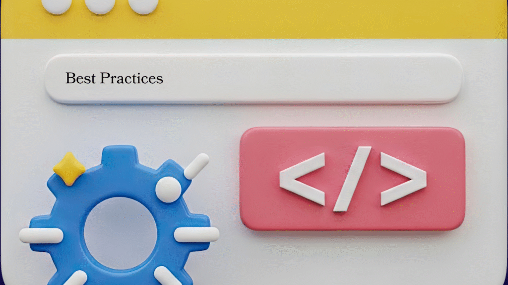 Graphic showing ‘Best Practices’ alongside a gear and code icon, symbolizing efficient web development.