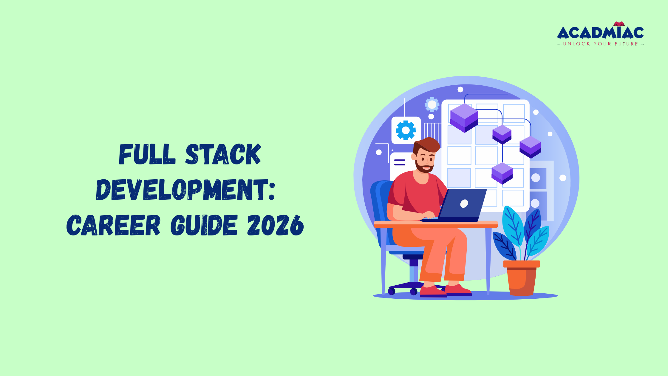 Graphic titled ‘Full Stack Development: Career Guide 2026’ featuring a developer coding at a workstation.