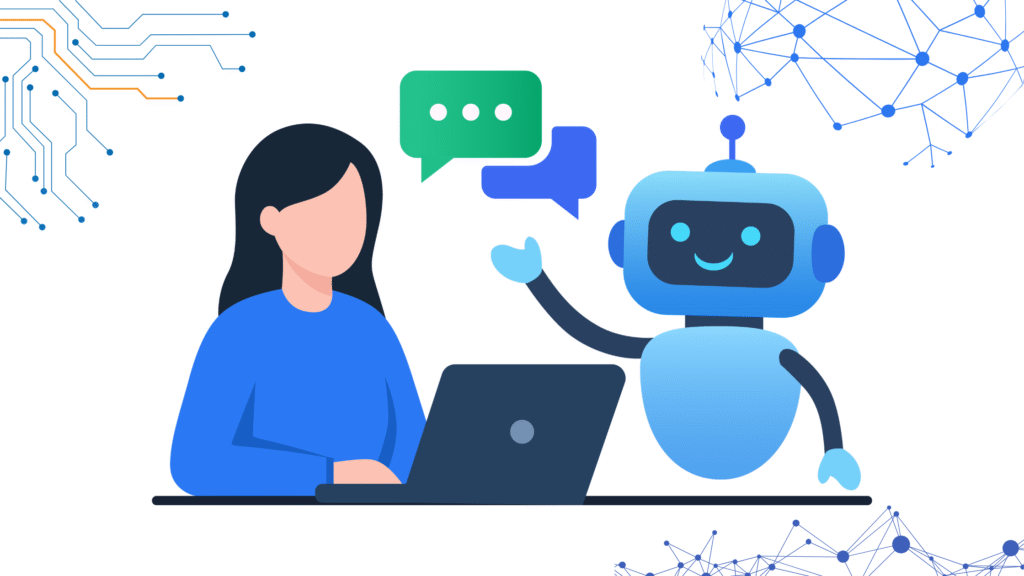 Graphic showing a user communicating with an AI assistant beside a laptop, symbolizing AI SEO in digital marketing.