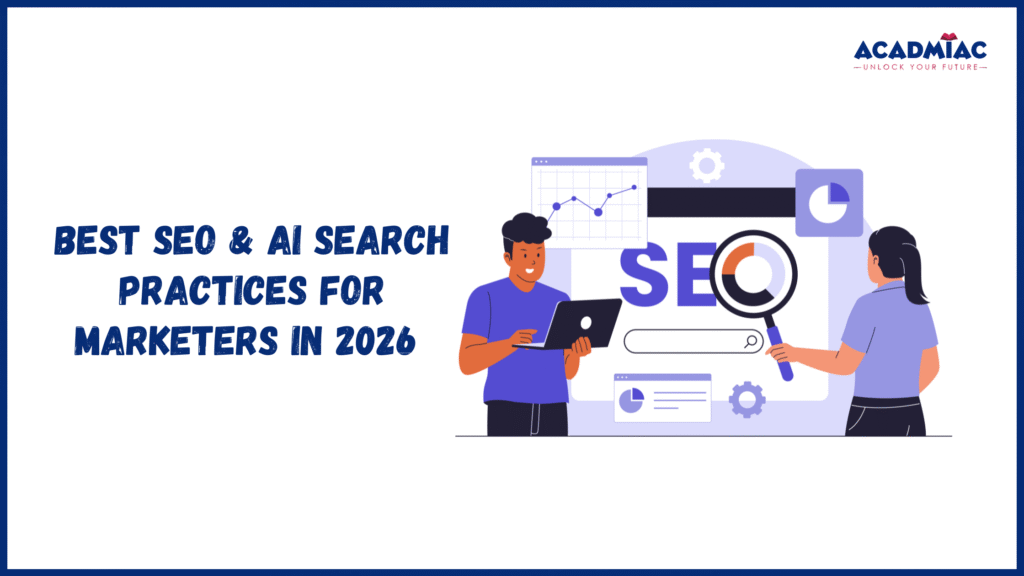 SEO and AI search illustration featuring keyword analysis, performance dashboards, and optimization tools for marketers.
