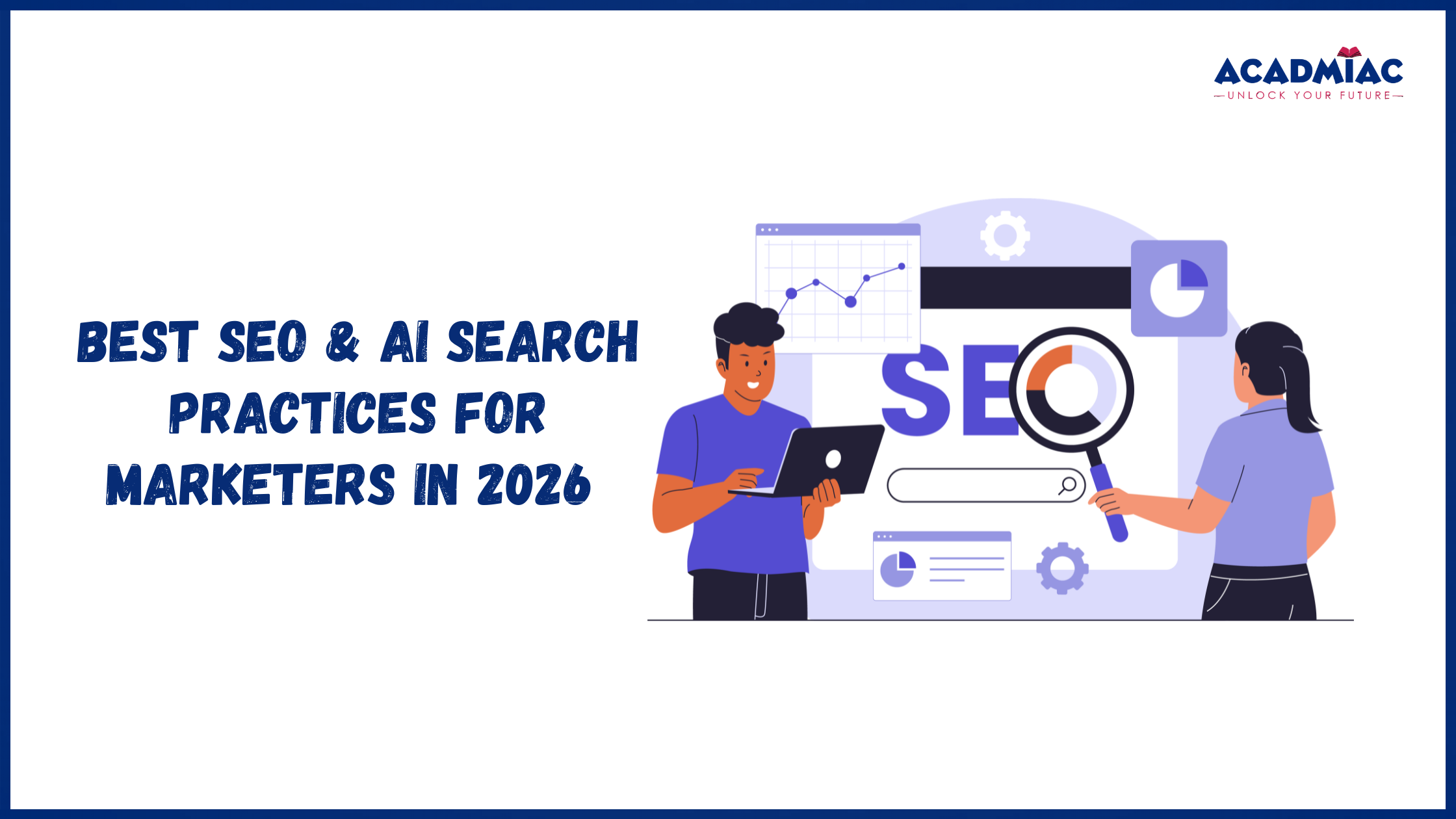 SEO and AI search illustration featuring keyword analysis, performance dashboards, and optimization tools for marketers.