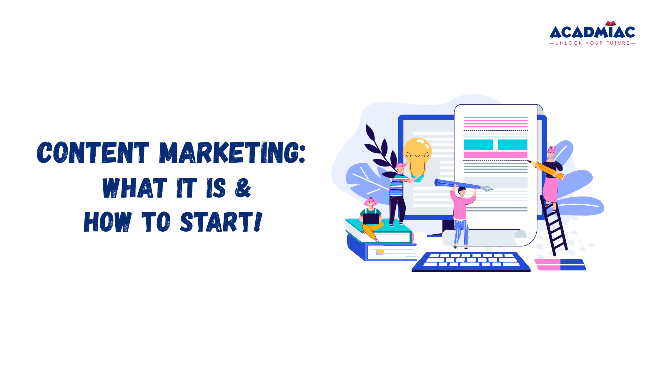 Content marketing illustration featuring writers and creators working on digital content, ideas, and creative strategy.