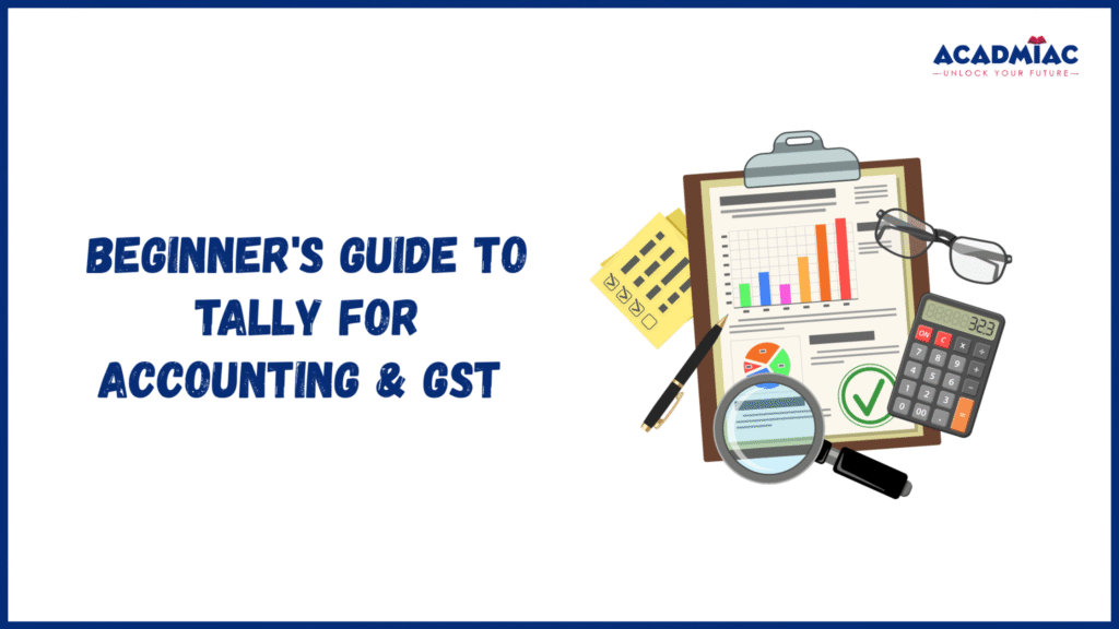 Visual representing Tally for accounting and GST with bookkeeping documents, financial charts, calculator, and business accounting essentials.
